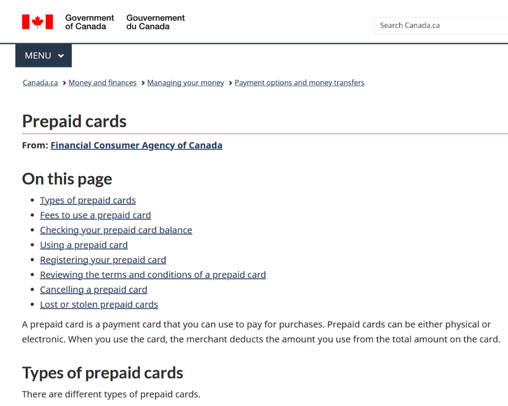 Government of Canada Guide to prepaid Credit Card